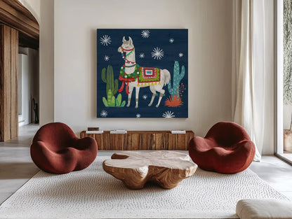 Lovely Llamas V Christmas by Mary Urban. Shown as extra-large giant wall art in a modern living room. Available as an archival giclee rolled canvas, fine art paper, or poster print. SKU 42832a.