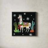 Lovely Llamas V Christmas Black by Mary Urban. Shown in a sleek black glass frame for a contemporary gallery look. Available as an archival giclee rolled canvas, fine art paper, or poster print. SKU 43979a.