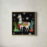 Lovely Llamas V Christmas Black by Mary Urban. Shown in a natural wood glass frame for a timeless modern aesthetic. Available as an archival giclee rolled canvas, fine art paper, or poster print. SKU 43979a.