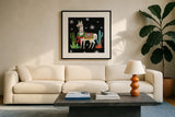 Lovely Llamas V Christmas Black by Mary Urban. Displayed in a glass frame with matte in a clean modern living room. Available as an archival giclee rolled canvas, fine art paper, or poster print. SKU 43979a.