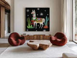 Lovely Llamas V Christmas Black by Mary Urban. Shown as extra-large giant wall art in a modern living room. Available as an archival giclee rolled canvas, fine art paper, or poster print. SKU 43979a.
