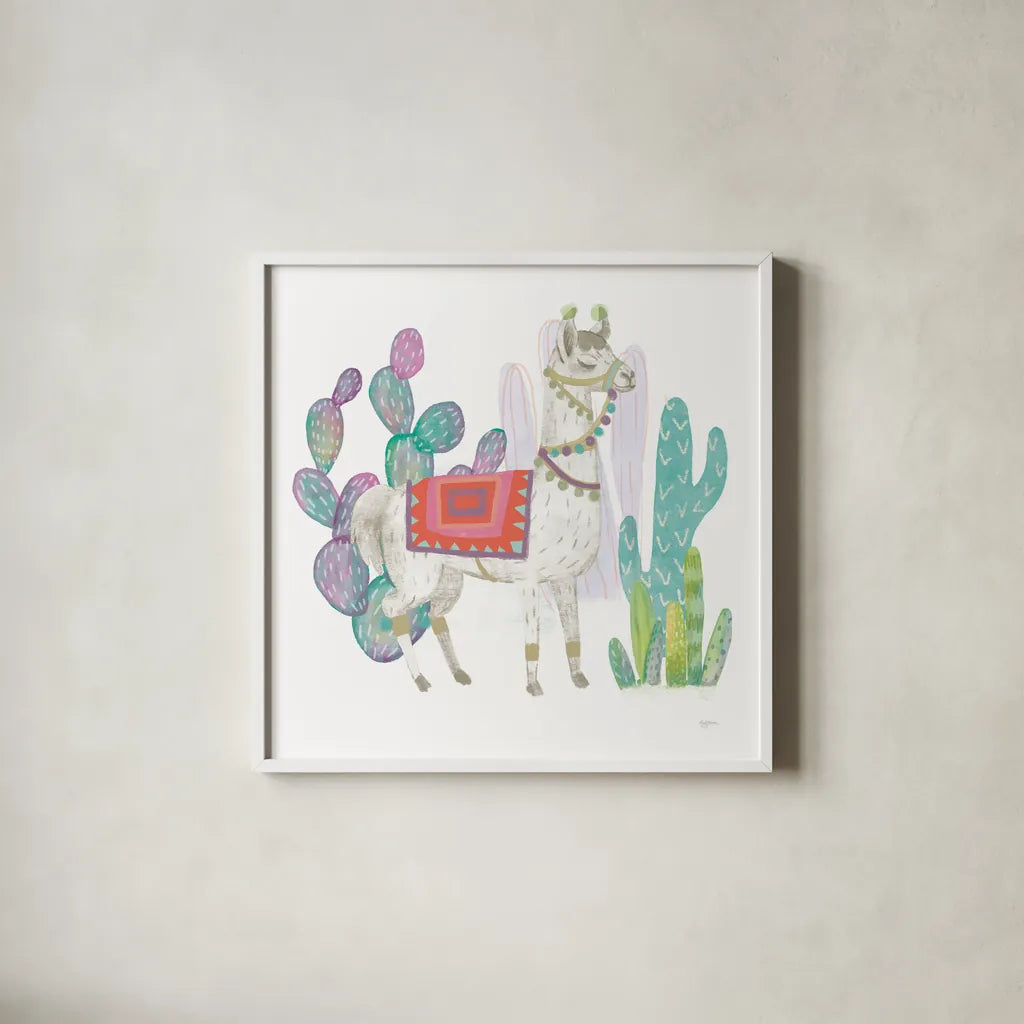 Lovely Llamas V v2 on White by Mary Urban. Shown in a crisp white glass frame for a clean and minimalist style. Available as an archival giclee rolled canvas, fine art paper, or poster print. SKU 39319a.