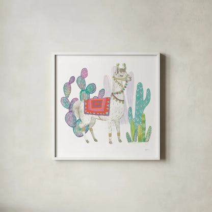 Lovely Llamas V v2 on White by Mary Urban. Shown in a crisp white glass frame for a clean and minimalist style. Available as an archival giclee rolled canvas, fine art paper, or poster print. SKU 39319a.