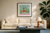 Lovely Llamas X Pink by Mary Urban. Displayed in a glass frame with matte in a clean modern living room. Available as an archival giclee rolled canvas, fine art paper, or poster print. SKU 65290a.