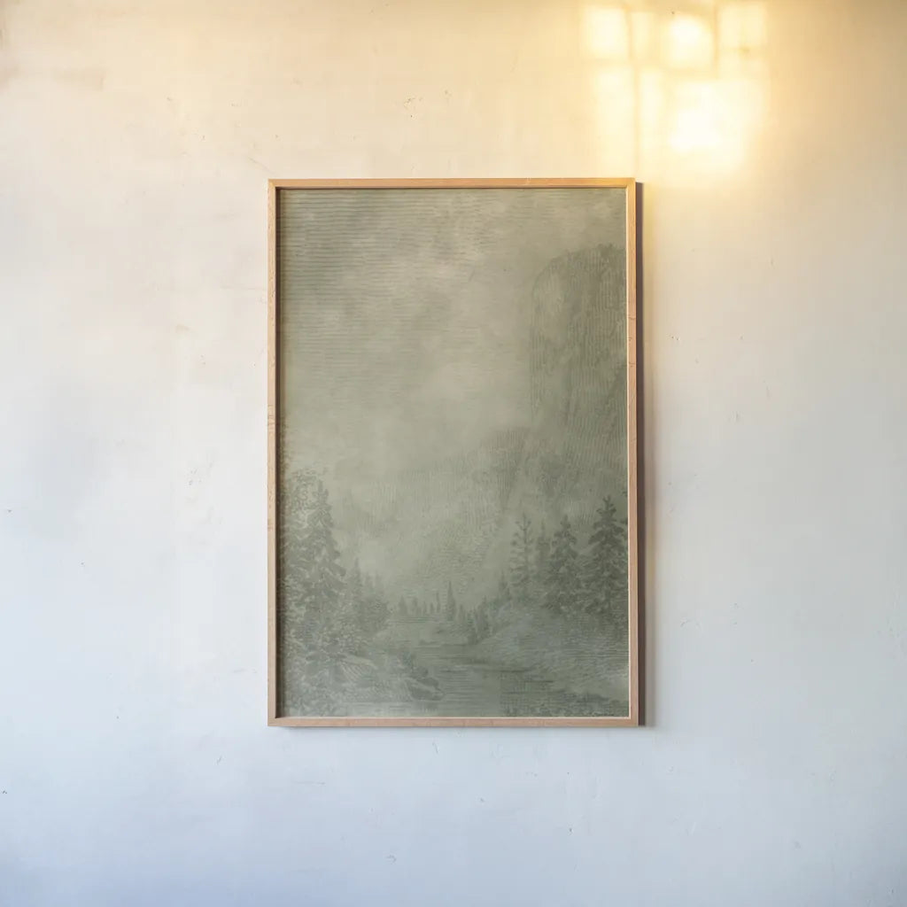 Misty Yonder I by Mary Urban. shown as a paper print in a natural frame. Available as a archival giclee rolled canvas, fine art paper, or poster print. SKU 85245h.
