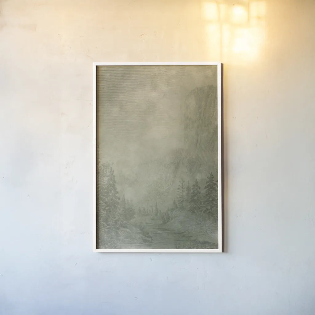 Misty Yonder I by Mary Urban. shown as a paper print in a white frame. Available as a archival giclee rolled canvas, fine art paper, or poster print. SKU 85245h.