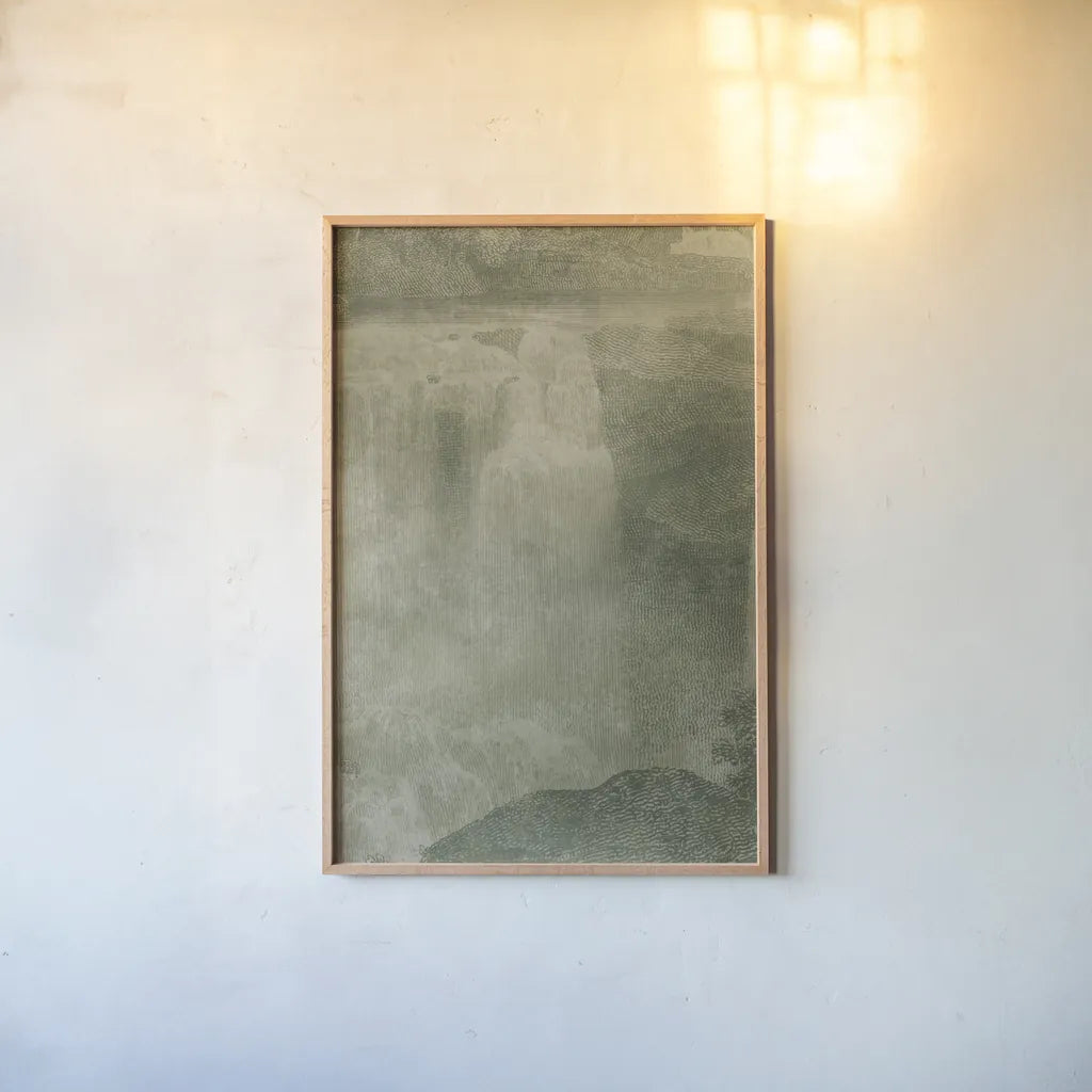 Misty Yonder III by Mary Urban. shown as a paper print in a natural frame. Available as a archival giclee rolled canvas, fine art paper, or poster print. SKU 85247h.