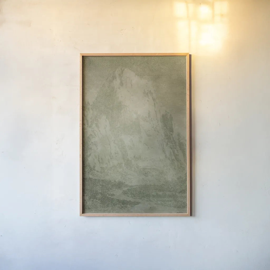 Misty Yonder IV by Mary Urban. shown as a paper print in a natural frame. Available as a archival giclee rolled canvas, fine art paper, or poster print. SKU 85248h.
