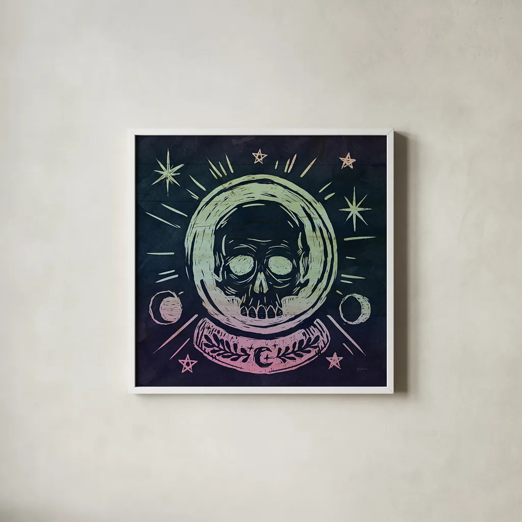 Mystical Halloween Jewel III by Mary Urban. Shown in a crisp white glass frame for a clean and minimalist style. Available as an archival giclee rolled canvas, fine art paper, or poster print. SKU 42008a.