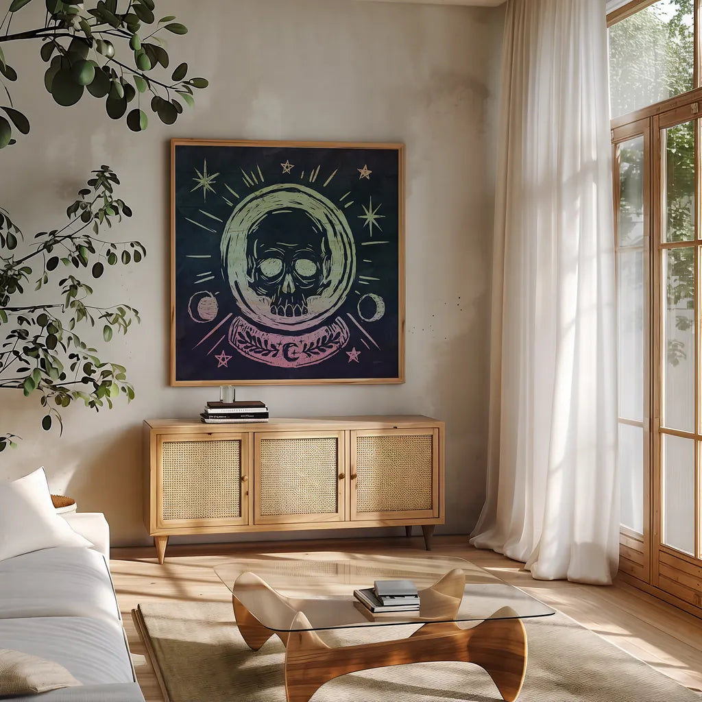 Mystical Halloween Jewel III by Mary Urban. Shown in a natural wood frame in a cozy modern living room. Available as an archival giclee rolled canvas, fine art paper, or poster print. SKU 42008a.