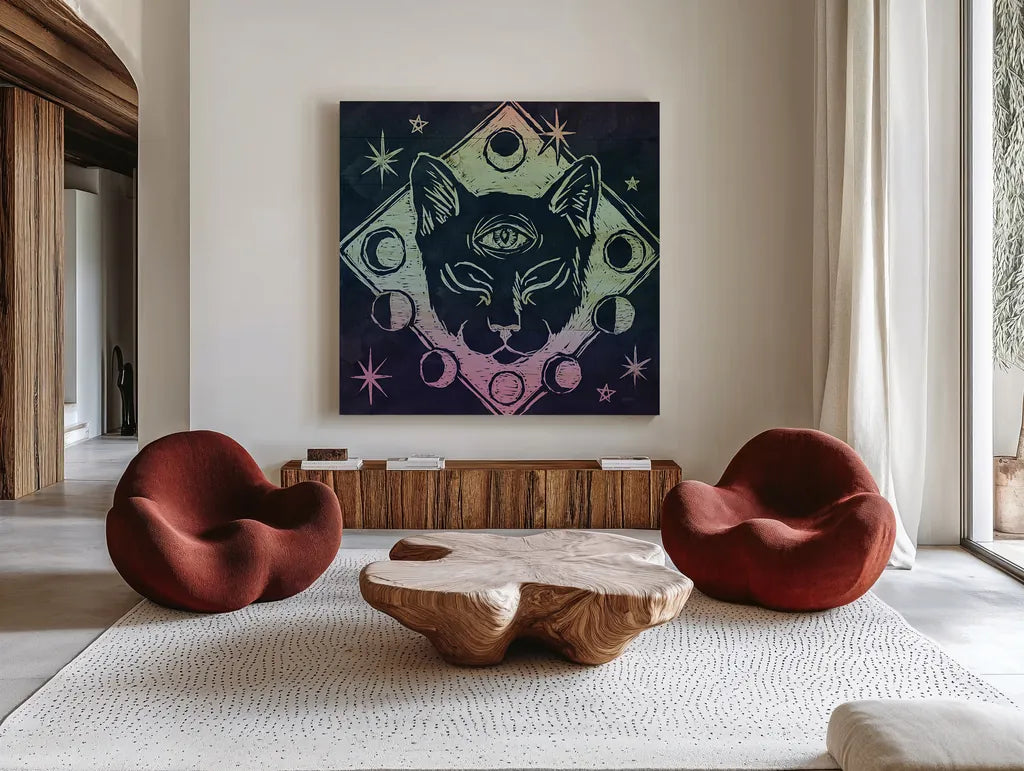 Mystical Halloween Jewel IV by Mary Urban. Shown as extra-large giant wall art in a modern living room. Available as an archival giclee rolled canvas, fine art paper, or poster print. SKU 42009a.