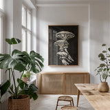 Mystical Halloween Mushrooms I by Mary Urban. shown as a print in a natural wood frame in a dining room. Available as a archival giclee rolled canvas, fine art paper, or poster print. SKU 90046h.