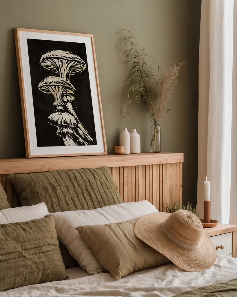 Mystical Halloween Mushrooms I by Mary Urban. shown as a paper print in a natural frame. Available as a archival giclee rolled canvas, fine art paper, or poster print. SKU 90046h.