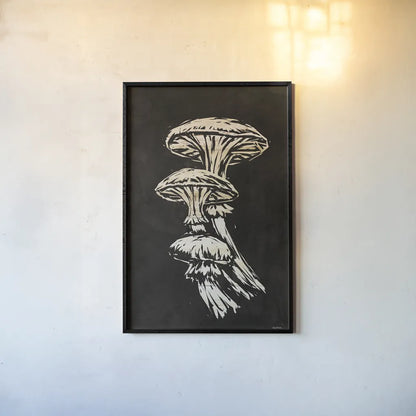 Mystical Halloween Mushrooms I by Mary Urban. shown as a paper print in a black flame. Available as a archival giclee rolled canvas, fine art paper, or poster print. SKU 90046h.