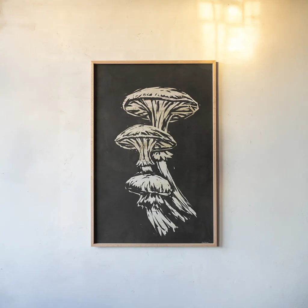 Mystical Halloween Mushrooms I by Mary Urban. shown as a paper print in a natural frame. Available as a archival giclee rolled canvas, fine art paper, or poster print. SKU 90046h.