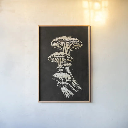 Mystical Halloween Mushrooms I by Mary Urban. shown as a paper print in a natural frame. Available as a archival giclee rolled canvas, fine art paper, or poster print. SKU 90046h.