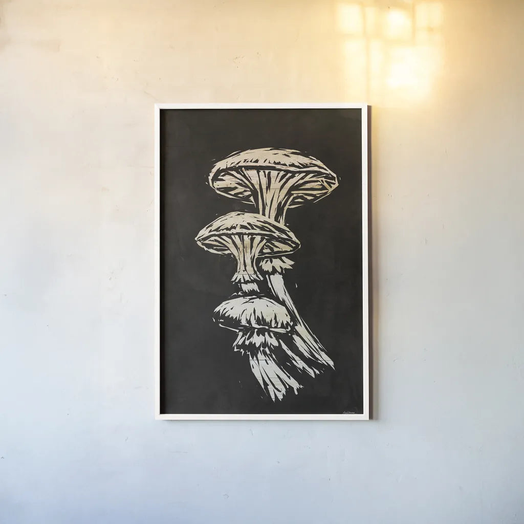 Mystical Halloween Mushrooms I by Mary Urban. shown as a paper print in a white frame. Available as a archival giclee rolled canvas, fine art paper, or poster print. SKU 90046h.