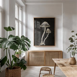Mystical Halloween Mushrooms II by Mary Urban. shown as a print in a natural wood frame in a dining room. Available as a archival giclee rolled canvas, fine art paper, or poster print. SKU 90047h.