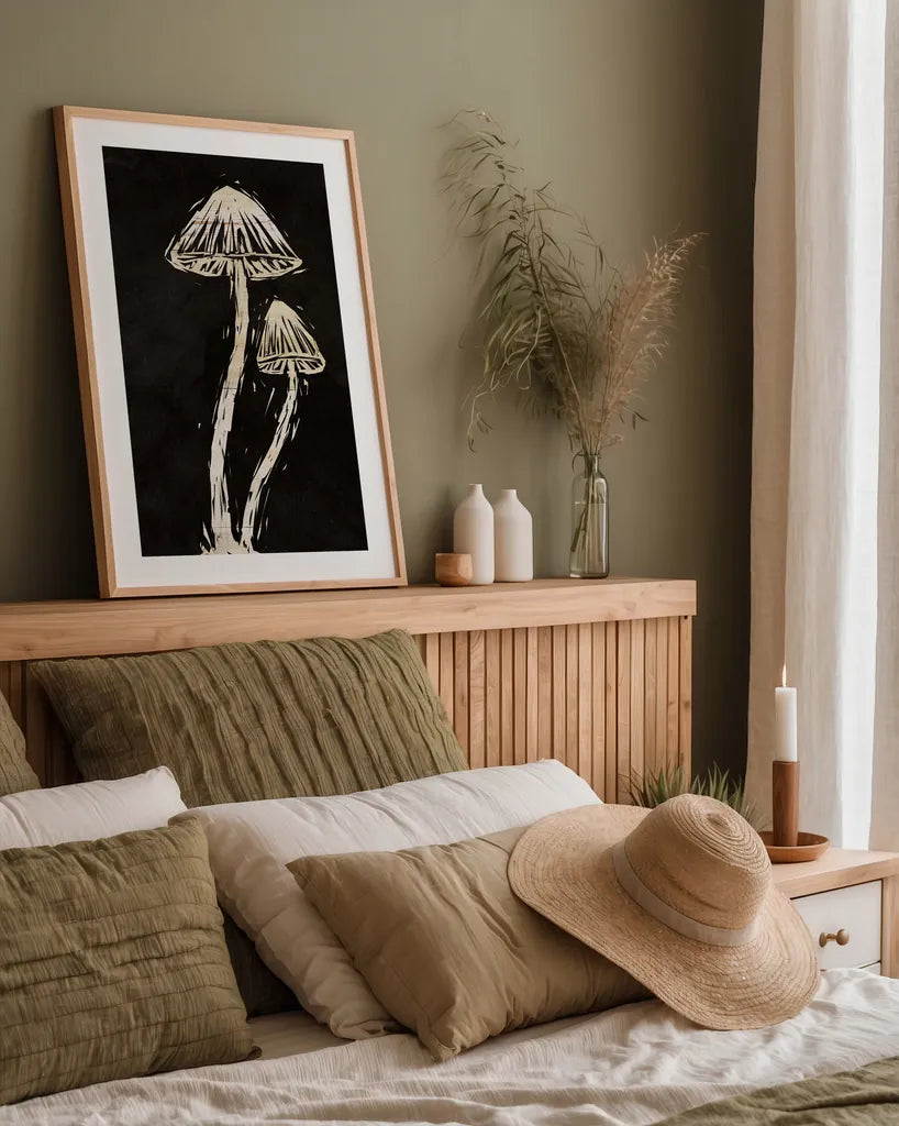 Mystical Halloween Mushrooms II by Mary Urban. shown as a paper print in a natural frame. Available as a archival giclee rolled canvas, fine art paper, or poster print. SKU 90047h.