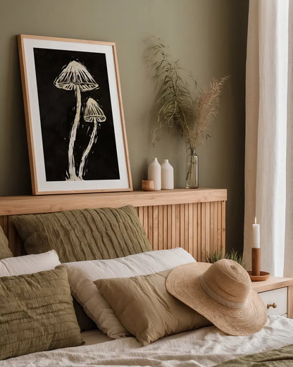 Mystical Halloween Mushrooms II by Mary Urban. shown as a paper print in a natural frame. Available as a archival giclee rolled canvas, fine art paper, or poster print. SKU 90047h.