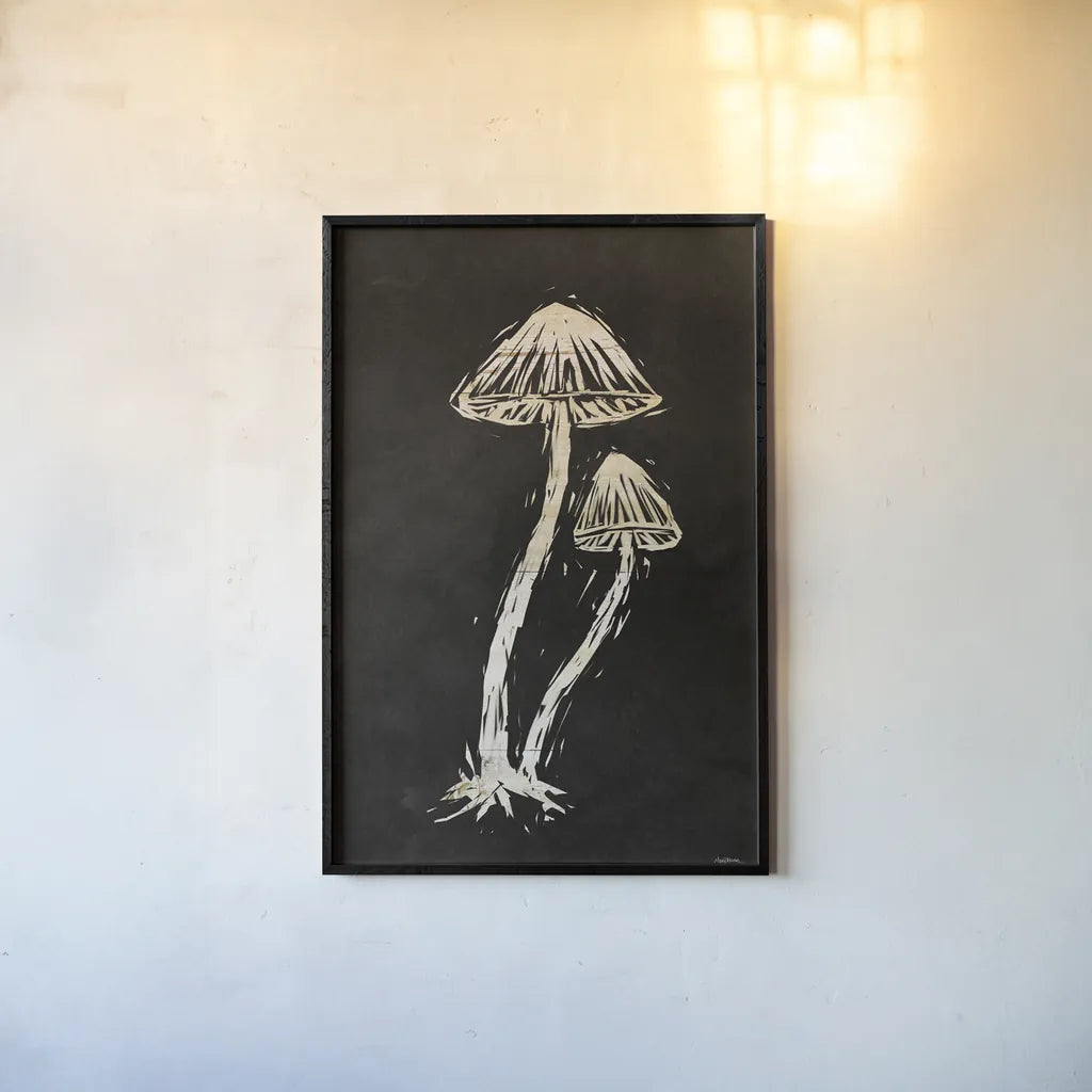 Mystical Halloween Mushrooms II by Mary Urban. shown as a paper print in a black flame. Available as a archival giclee rolled canvas, fine art paper, or poster print. SKU 90047h.