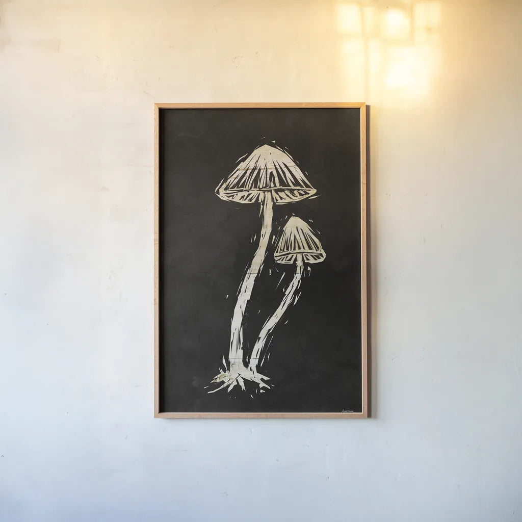 Mystical Halloween Mushrooms II by Mary Urban. shown as a paper print in a natural frame. Available as a archival giclee rolled canvas, fine art paper, or poster print. SKU 90047h.
