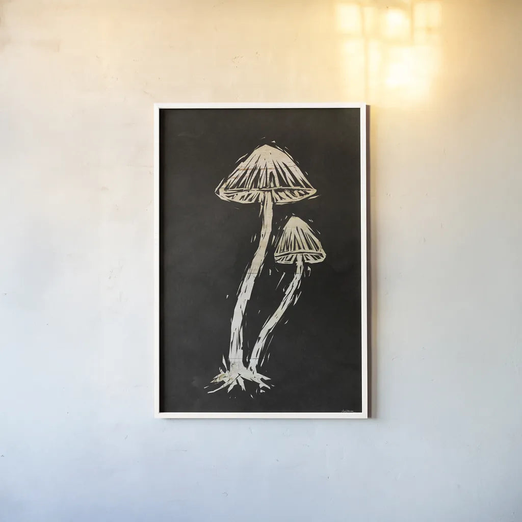 Mystical Halloween Mushrooms II by Mary Urban. shown as a paper print in a white frame. Available as a archival giclee rolled canvas, fine art paper, or poster print. SKU 90047h.