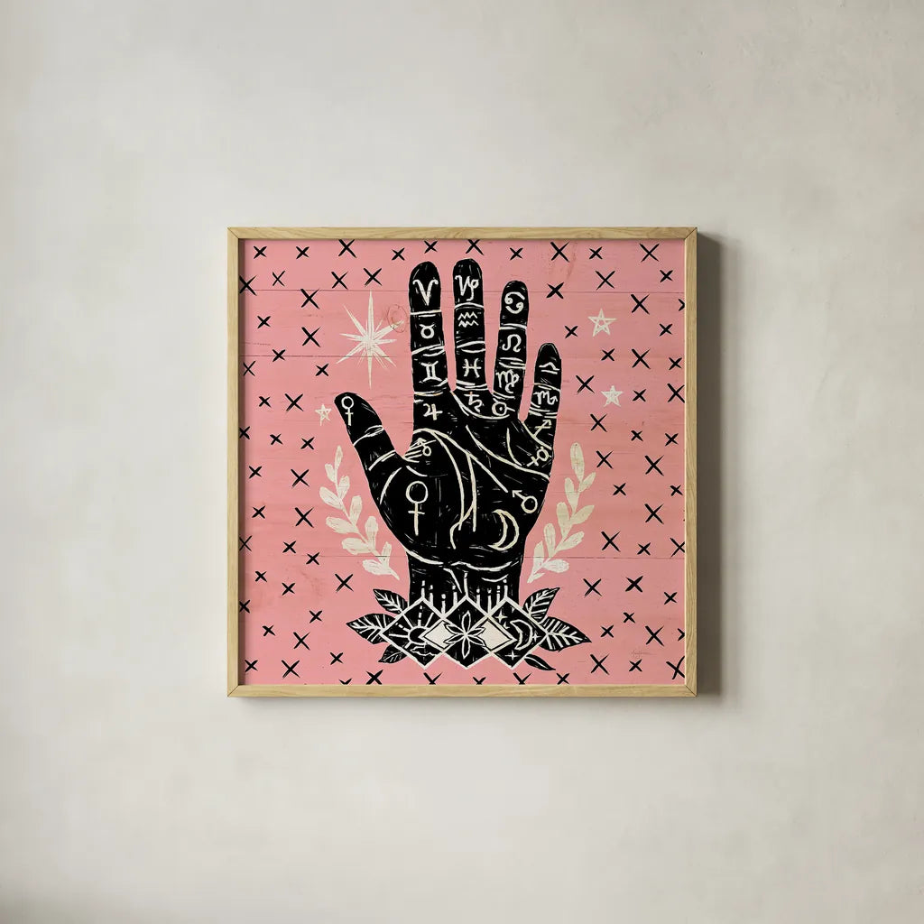 Mystical Halloween Pink I by Mary Urban. Shown in a natural wood glass frame for a timeless modern aesthetic. Available as an archival giclee rolled canvas, fine art paper, or poster print. SKU 42010a.