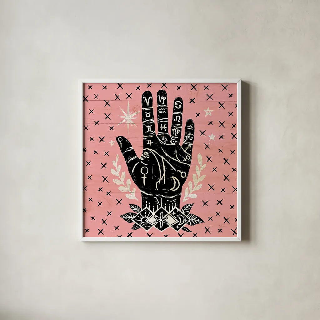 Mystical Halloween Pink I by Mary Urban. Shown in a crisp white glass frame for a clean and minimalist style. Available as an archival giclee rolled canvas, fine art paper, or poster print. SKU 42010a.