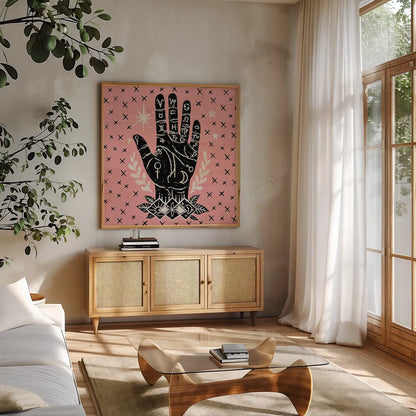 Mystical Halloween Pink I by Mary Urban. Shown in a natural wood frame in a cozy modern living room. Available as an archival giclee rolled canvas, fine art paper, or poster print. SKU 42010a.
