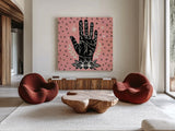Mystical Halloween Pink I by Mary Urban. Shown as extra-large giant wall art in a modern living room. Available as an archival giclee rolled canvas, fine art paper, or poster print. SKU 42010a.