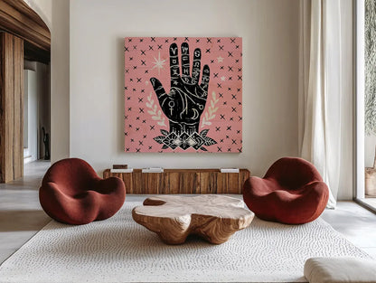 Mystical Halloween Pink I by Mary Urban. Shown as extra-large giant wall art in a modern living room. Available as an archival giclee rolled canvas, fine art paper, or poster print. SKU 42010a.