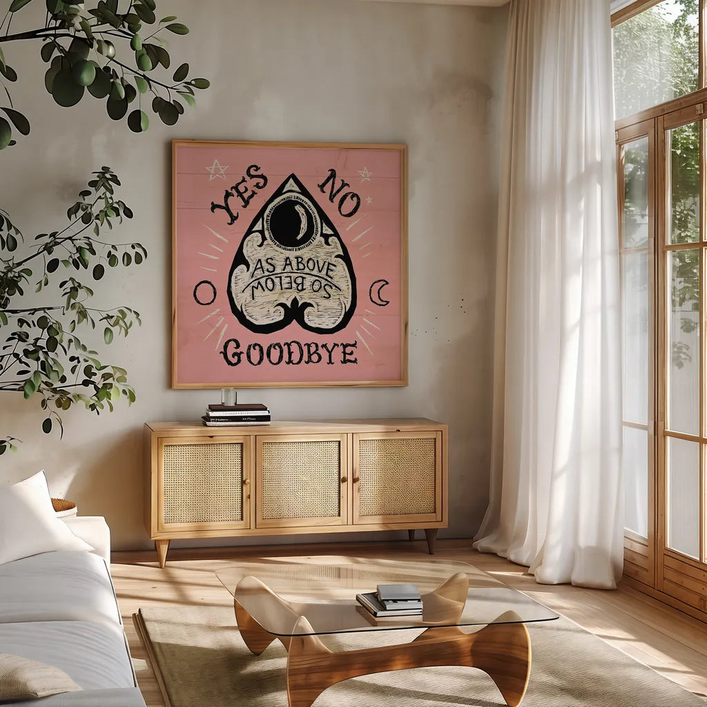 Mystical Halloween Pink II by Mary Urban. Shown in a natural wood frame in a cozy modern living room. Available as an archival giclee rolled canvas, fine art paper, or poster print. SKU 42011a.