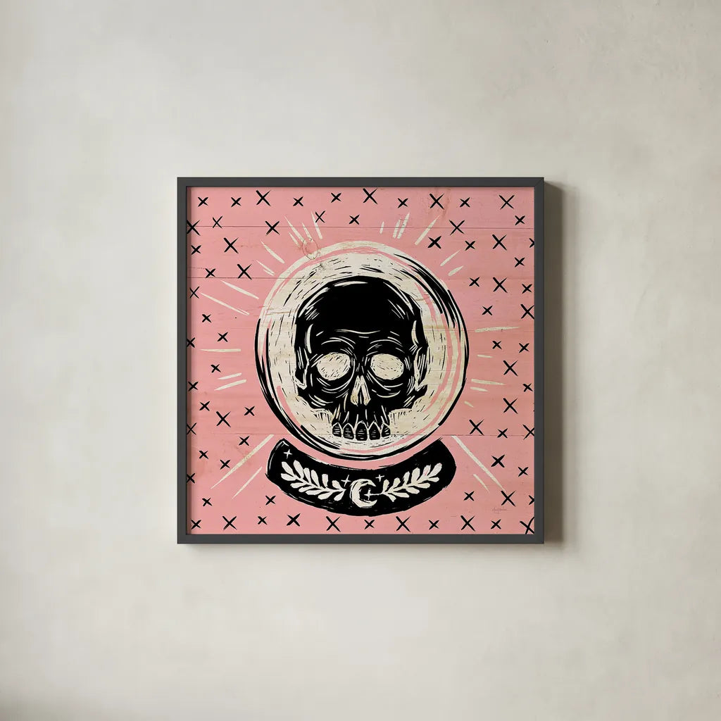 Mystical Halloween Pink III by Mary Urban. Shown in a sleek black glass frame for a contemporary gallery look. Available as an archival giclee rolled canvas, fine art paper, or poster print. SKU 42012a.