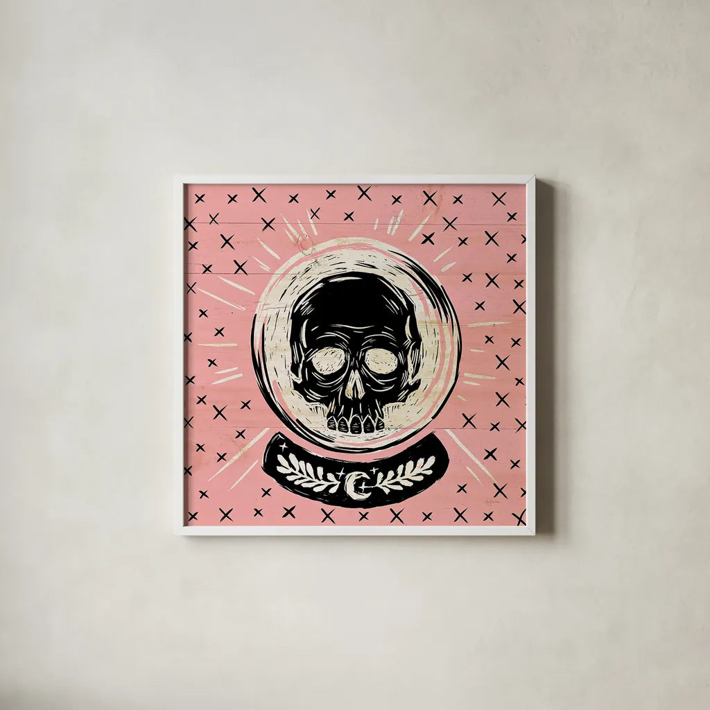 Mystical Halloween Pink III by Mary Urban. Shown in a crisp white glass frame for a clean and minimalist style. Available as an archival giclee rolled canvas, fine art paper, or poster print. SKU 42012a.