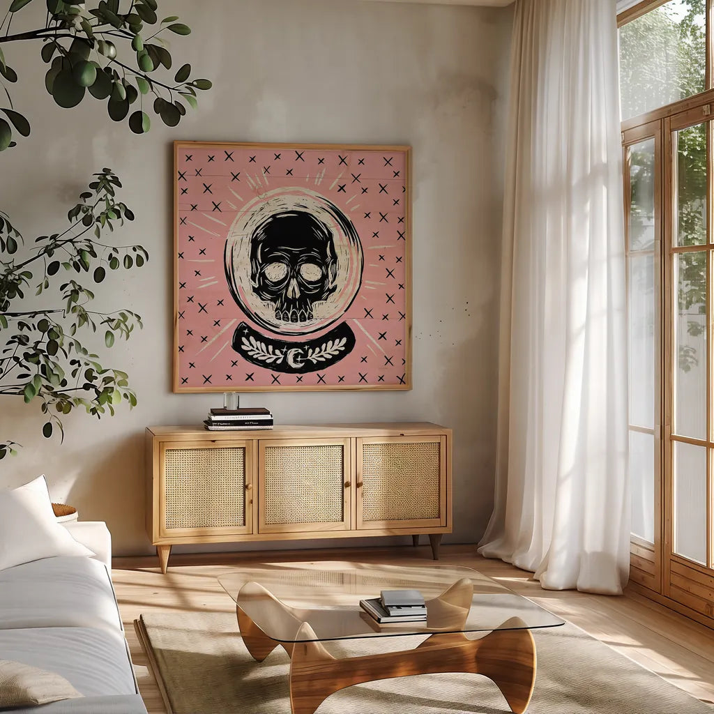 Mystical Halloween Pink III by Mary Urban. Shown in a natural wood frame in a cozy modern living room. Available as an archival giclee rolled canvas, fine art paper, or poster print. SKU 42012a.