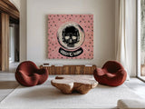 Mystical Halloween Pink III by Mary Urban. Shown as extra-large giant wall art in a modern living room. Available as an archival giclee rolled canvas, fine art paper, or poster print. SKU 42012a.