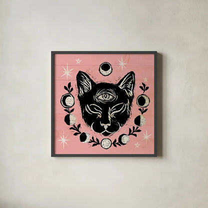Mystical Halloween Pink IV by Mary Urban. Shown in a sleek black glass frame for a contemporary gallery look. Available as an archival giclee rolled canvas, fine art paper, or poster print. SKU 42013a.