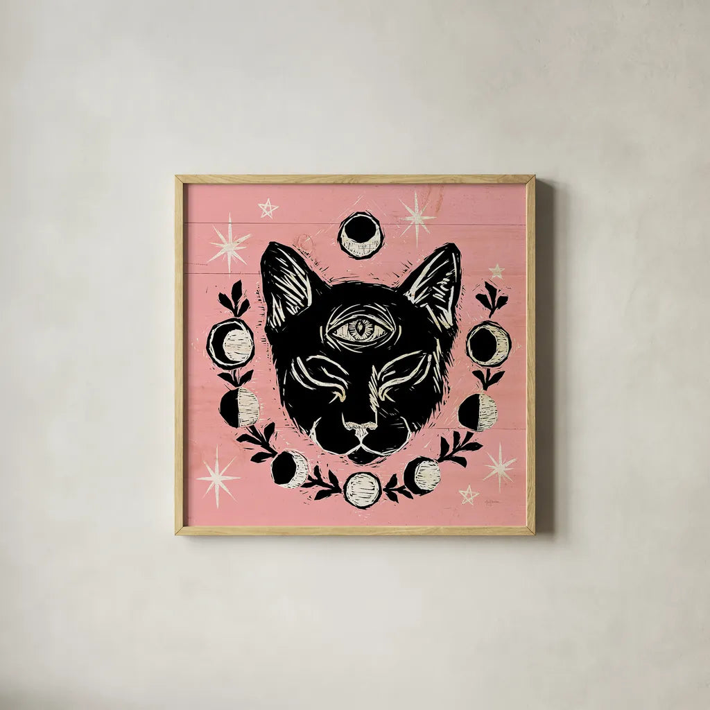 Mystical Halloween Pink IV by Mary Urban. Shown in a natural wood glass frame for a timeless modern aesthetic. Available as an archival giclee rolled canvas, fine art paper, or poster print. SKU 42013a.