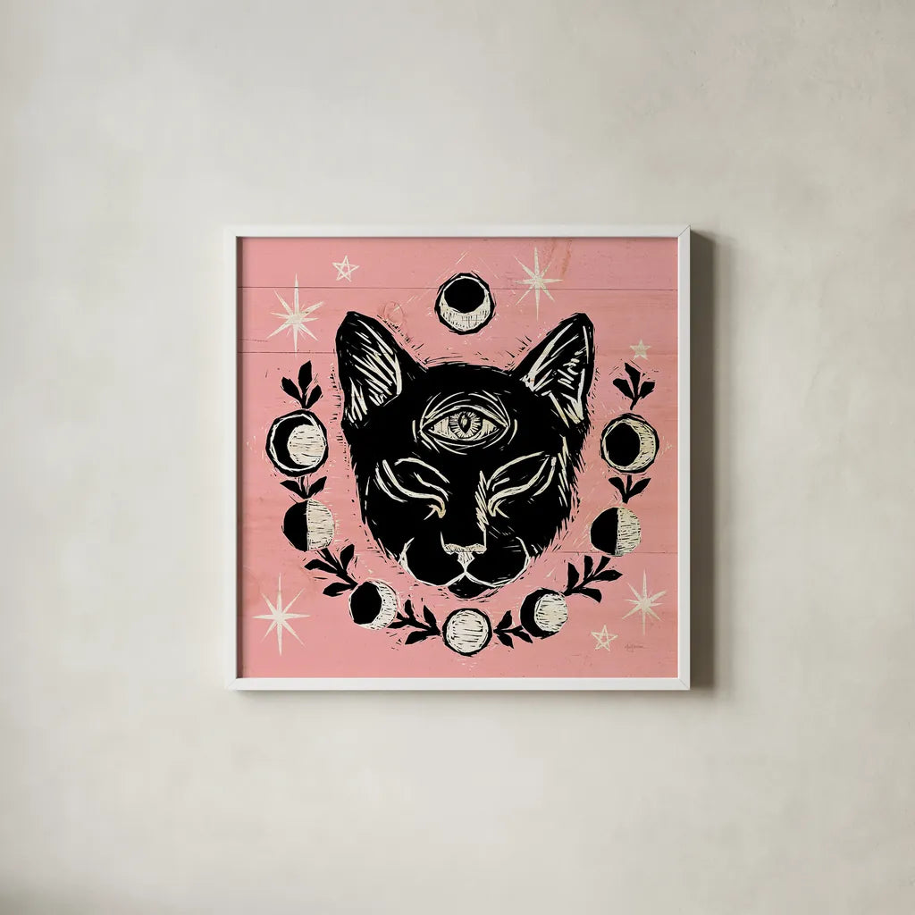 Mystical Halloween Pink IV by Mary Urban. Shown in a crisp white glass frame for a clean and minimalist style. Available as an archival giclee rolled canvas, fine art paper, or poster print. SKU 42013a.