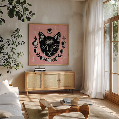Mystical Halloween Pink IV by Mary Urban. Shown in a natural wood frame in a cozy modern living room. Available as an archival giclee rolled canvas, fine art paper, or poster print. SKU 42013a.
