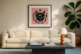 Mystical Halloween Pink IV by Mary Urban. Displayed in a glass frame with matte in a clean modern living room. Available as an archival giclee rolled canvas, fine art paper, or poster print. SKU 42013a.