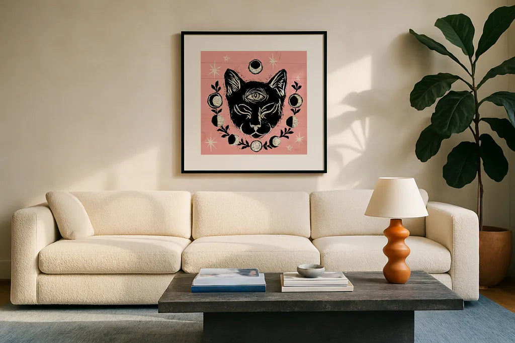 Mystical Halloween Pink IV by Mary Urban. Displayed in a glass frame with matte in a clean modern living room. Available as an archival giclee rolled canvas, fine art paper, or poster print. SKU 42013a.