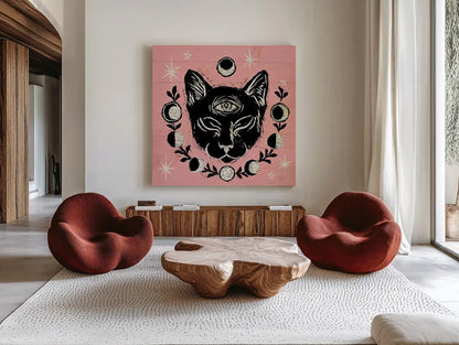 Mystical Halloween Pink IV by Mary Urban. Shown as extra-large giant wall art in a modern living room. Available as an archival giclee rolled canvas, fine art paper, or poster print. SKU 42013a.