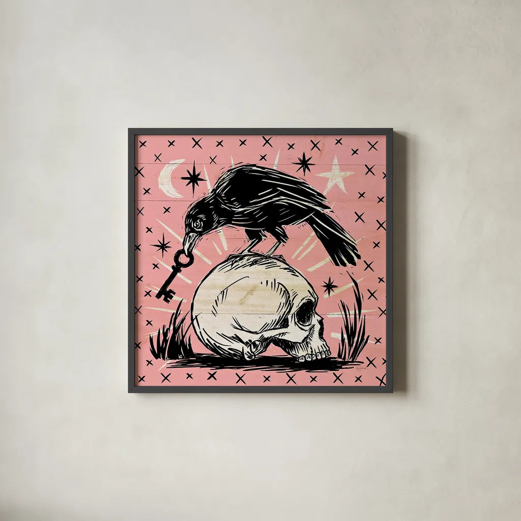 Mystical Halloween Pink V by Mary Urban. Shown in a sleek black glass frame for a contemporary gallery look. Available as an archival giclee rolled canvas, fine art paper, or poster print. SKU 48093a.