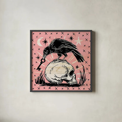 Mystical Halloween Pink V by Mary Urban. Shown in a sleek black glass frame for a contemporary gallery look. Available as an archival giclee rolled canvas, fine art paper, or poster print. SKU 48093a.
