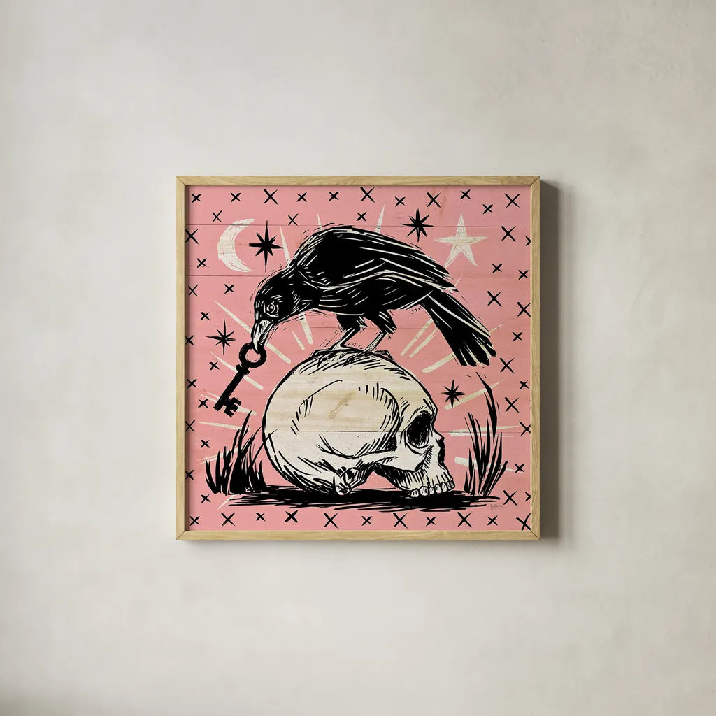 Mystical Halloween Pink V by Mary Urban. Shown in a natural wood glass frame for a timeless modern aesthetic. Available as an archival giclee rolled canvas, fine art paper, or poster print. SKU 48093a.