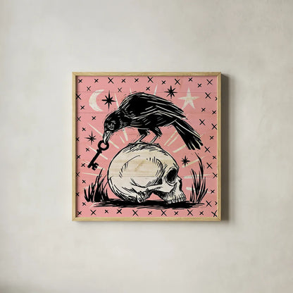 Mystical Halloween Pink V by Mary Urban. Shown in a natural wood glass frame for a timeless modern aesthetic. Available as an archival giclee rolled canvas, fine art paper, or poster print. SKU 48093a.