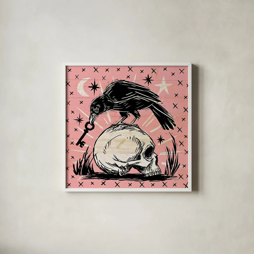 Mystical Halloween Pink V by Mary Urban. Shown in a crisp white glass frame for a clean and minimalist style. Available as an archival giclee rolled canvas, fine art paper, or poster print. SKU 48093a.