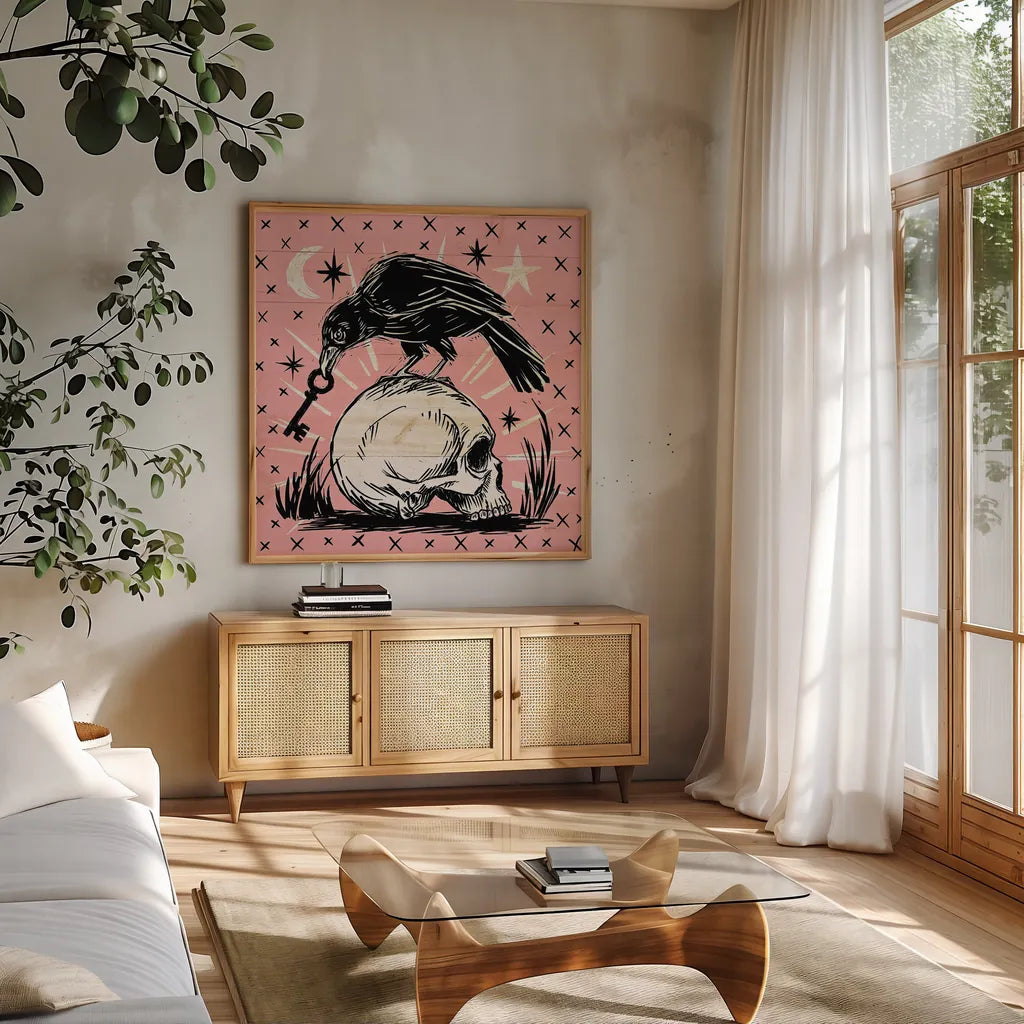 Mystical Halloween Pink V by Mary Urban. Shown in a natural wood frame in a cozy modern living room. Available as an archival giclee rolled canvas, fine art paper, or poster print. SKU 48093a.